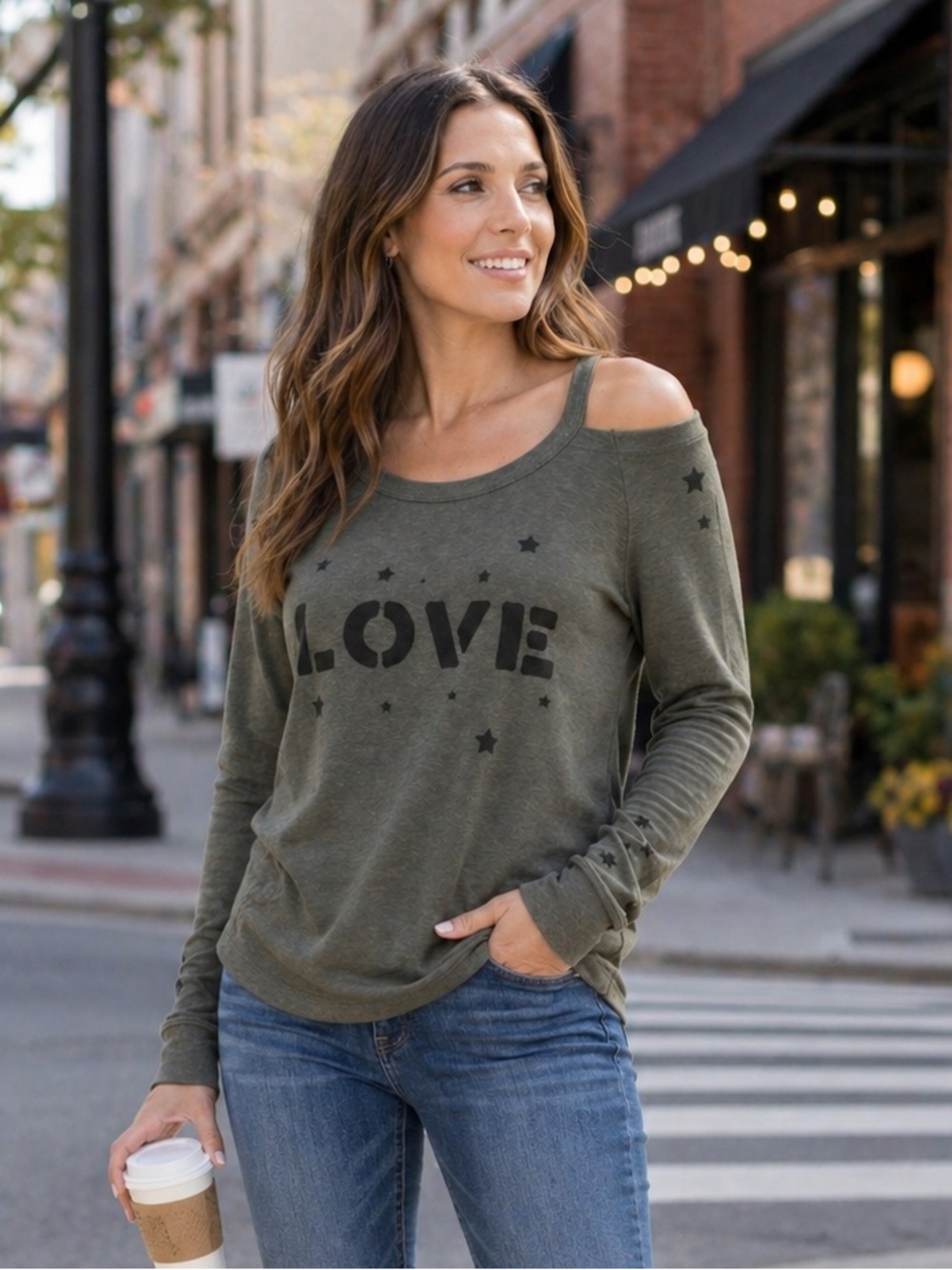 Chaser Olive Green Cold-Shoulder 'LOVE' Graphic Top